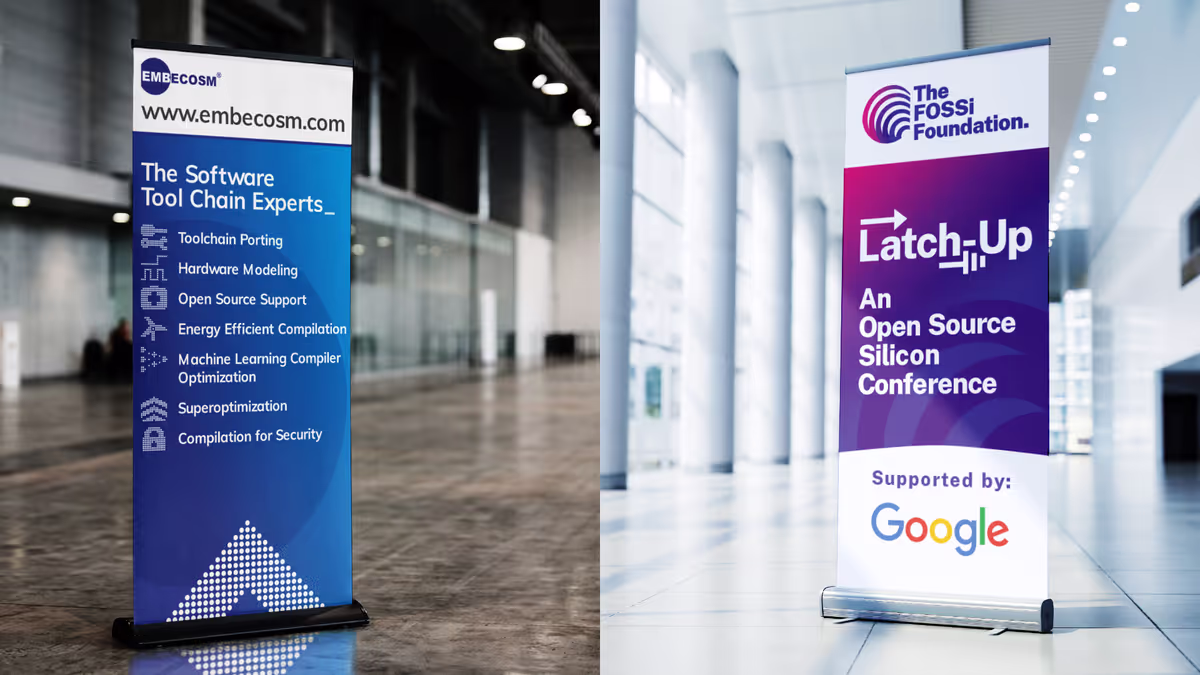 Pull up banners for Embecosm and The FOSSi Foundation